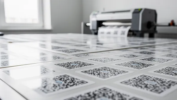Sheets of printed QR code labels in bulk with a printer in background