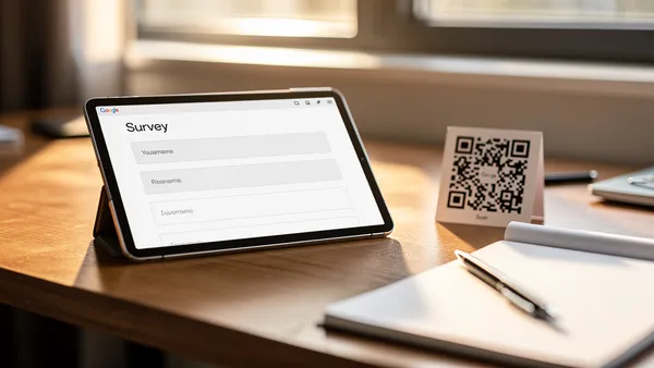 Tablet showing a Google Form next to a printed QR code linking to the survey