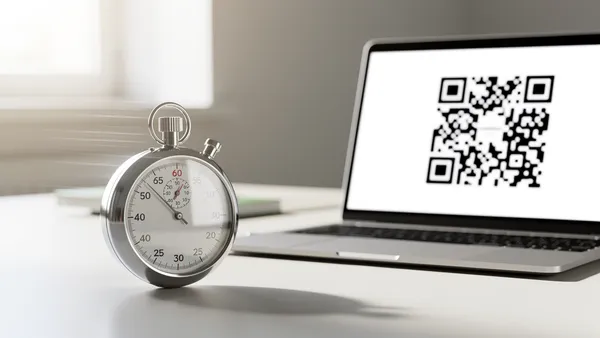 Stopwatch showing 60 seconds next to a QR code on a laptop screen