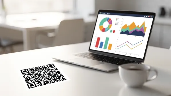 Laptop displaying QR code scan analytics dashboard with charts