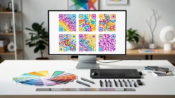 Designer workspace with colorful custom-branded QR codes on screen