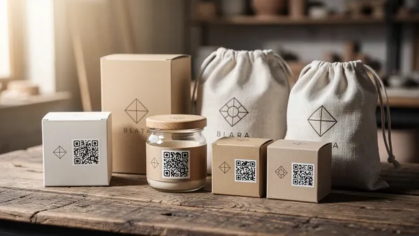 Handmade products with branded QR code labels on packaging