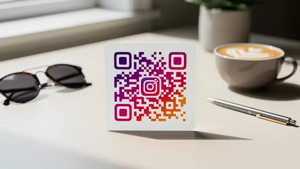Instagram-branded QR code card in gradient colors on a lifestyle flat lay