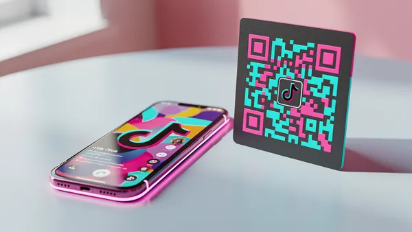Smartphone with TikTok interface next to a colorful branded QR code