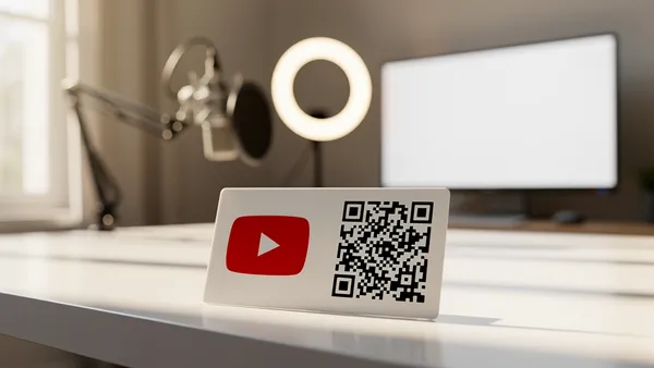 YouTube content creator desk with QR code promotional card and recording equipment