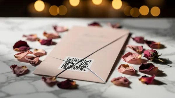 Wedding invitations with a non-working QR code scattered on a table