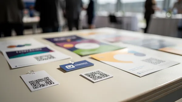 Event marketing materials with QR codes on flyers, posters, and badges