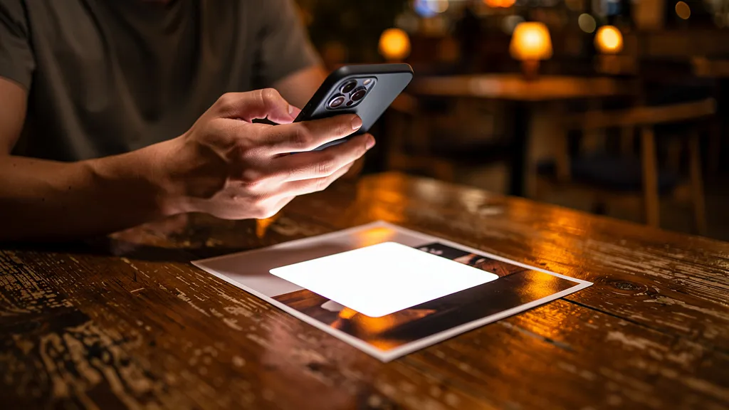 Why Is My QR Code Not Scanning? 12 Causes and How to Fix Each Person in a dimly lit cafe pointing a smartphone at a printed card on a wooden table, with lamp glare washing out the print