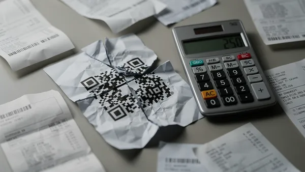 Broken QR code on a crumpled flyer next to a calculator showing hidden costs