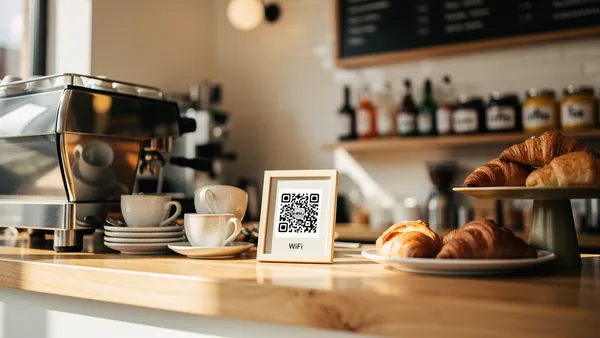 Café counter displaying a WiFi QR code sign for easy guest access